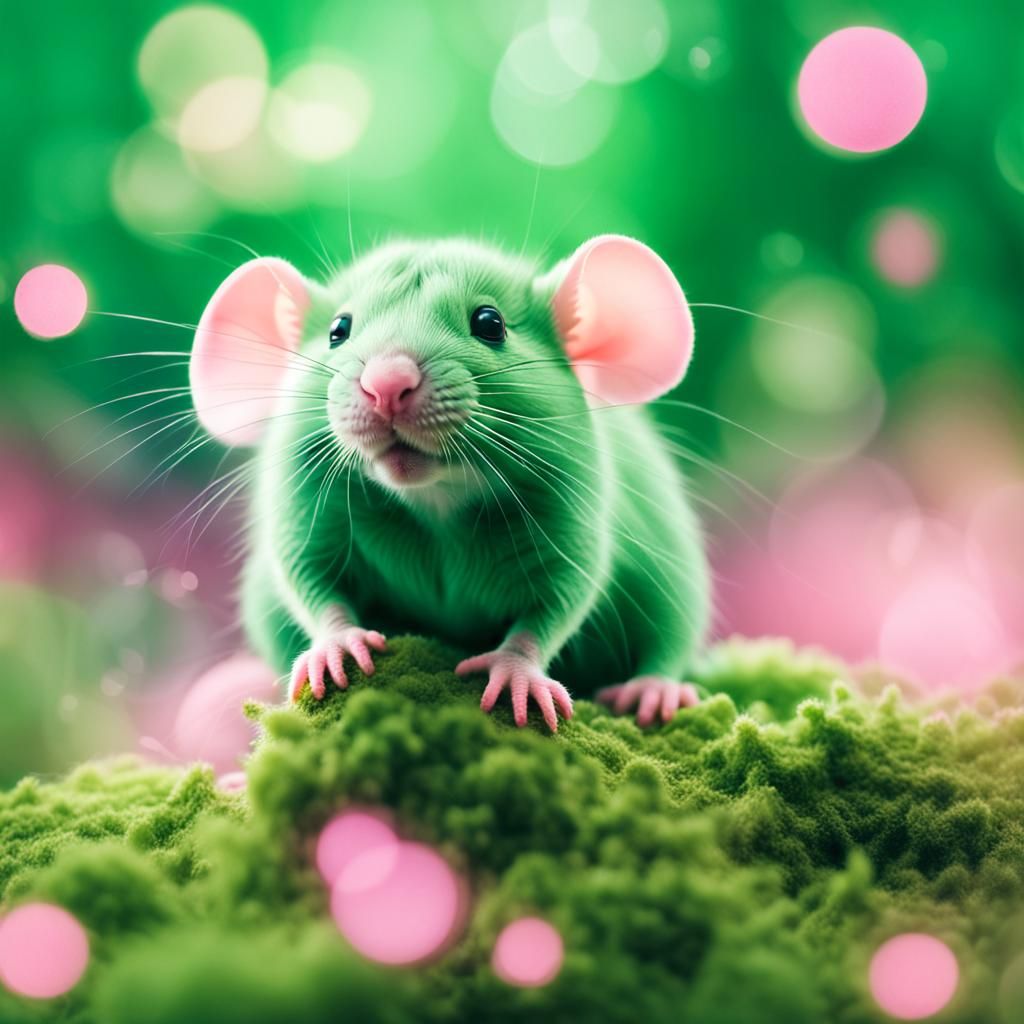 Cute Green Baby Rat in Pink and Green Forest