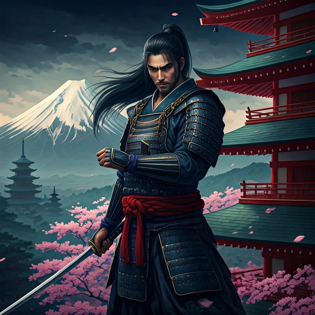 Samurai Warrior in Cherry Blossom Storm as Ukiyo-e Print