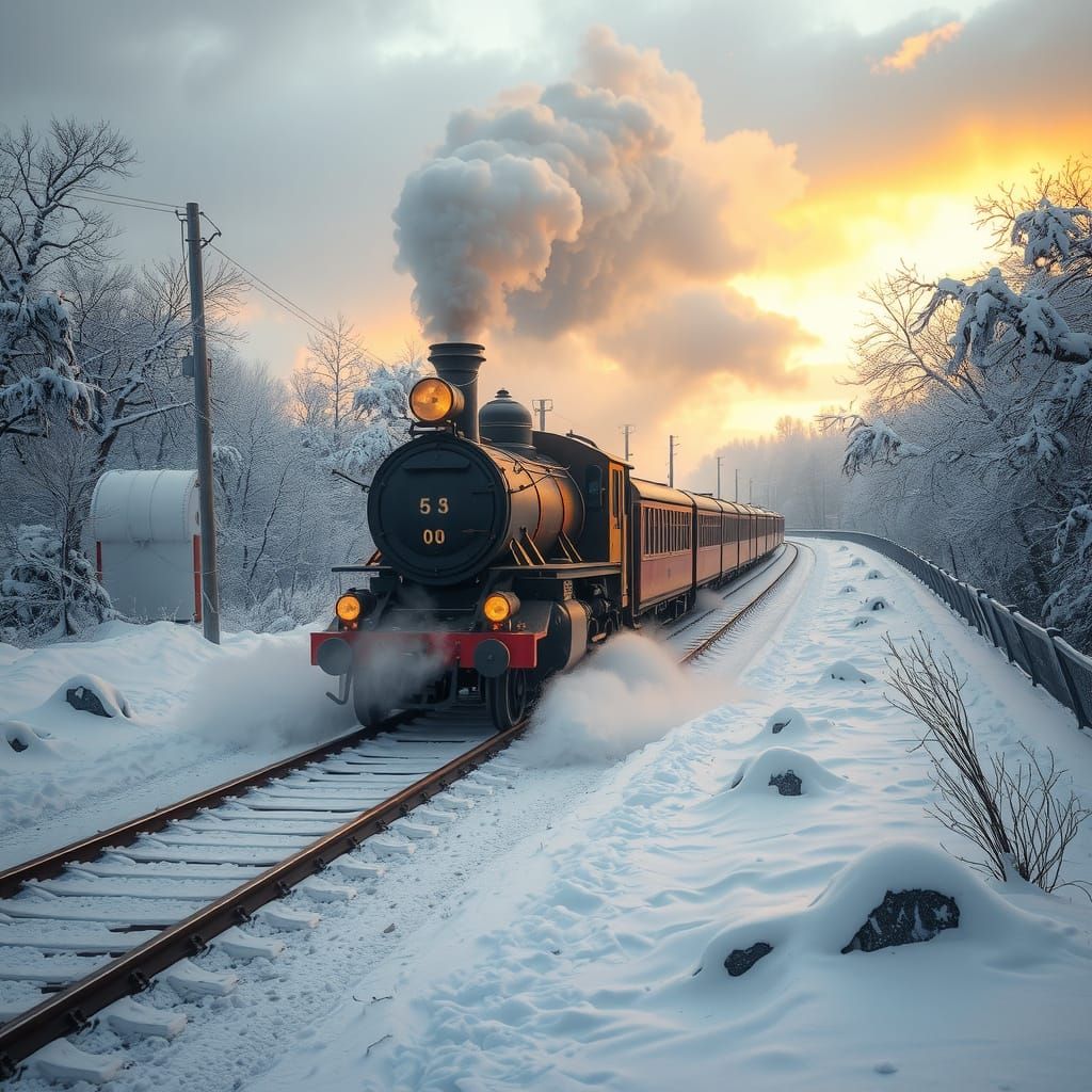 Steampunk Train in Snowy Landscape