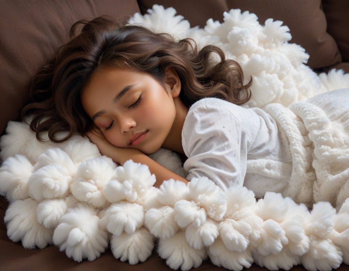 A detailed fluffy white cloud sleeping brown girl .