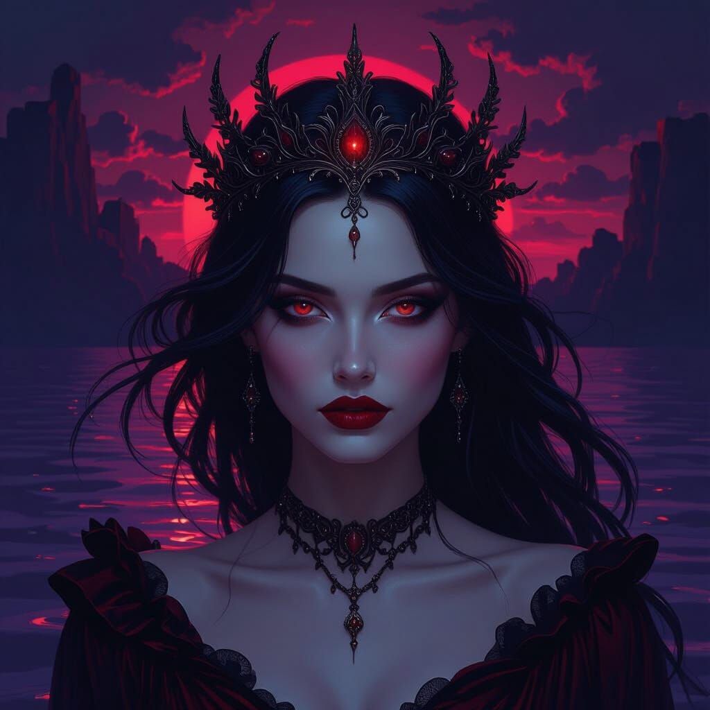 Masked Woman in Red Dress Walks on Water at Sunset