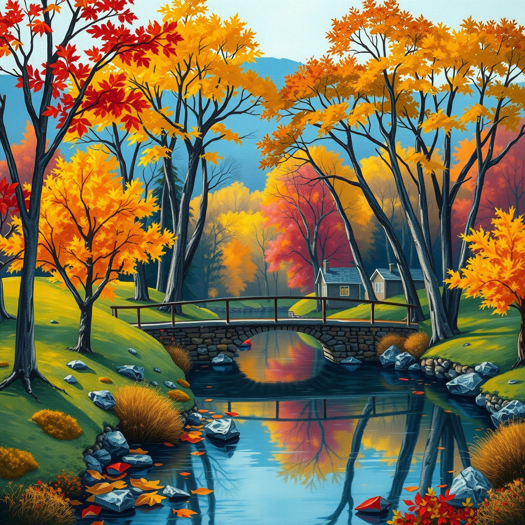 Autumn Landscape Painting with Bridge in Gouache Style