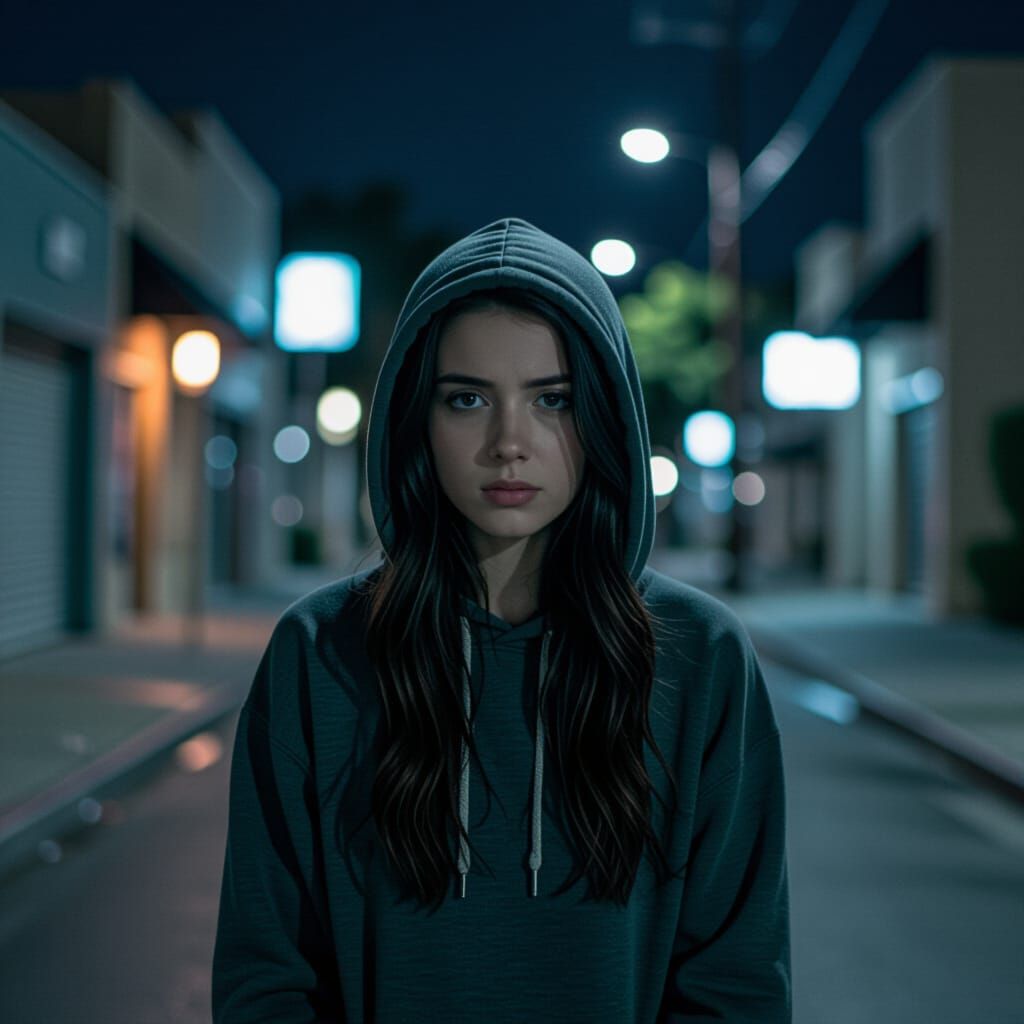 Scared Woman in Dark L.A. Street at Midnight