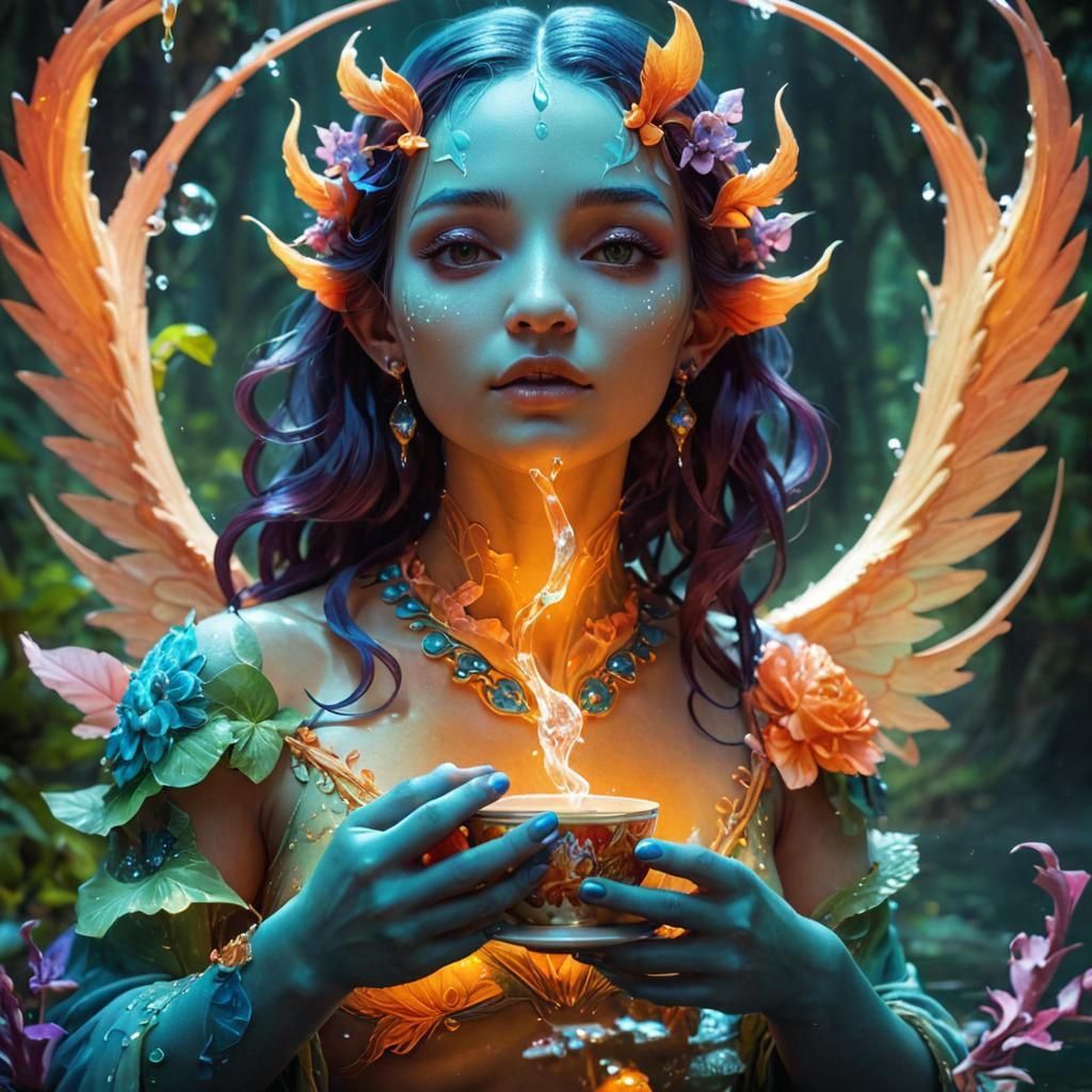 Enchanted Water Nymph in a Vibrant, Dreamlike Forest