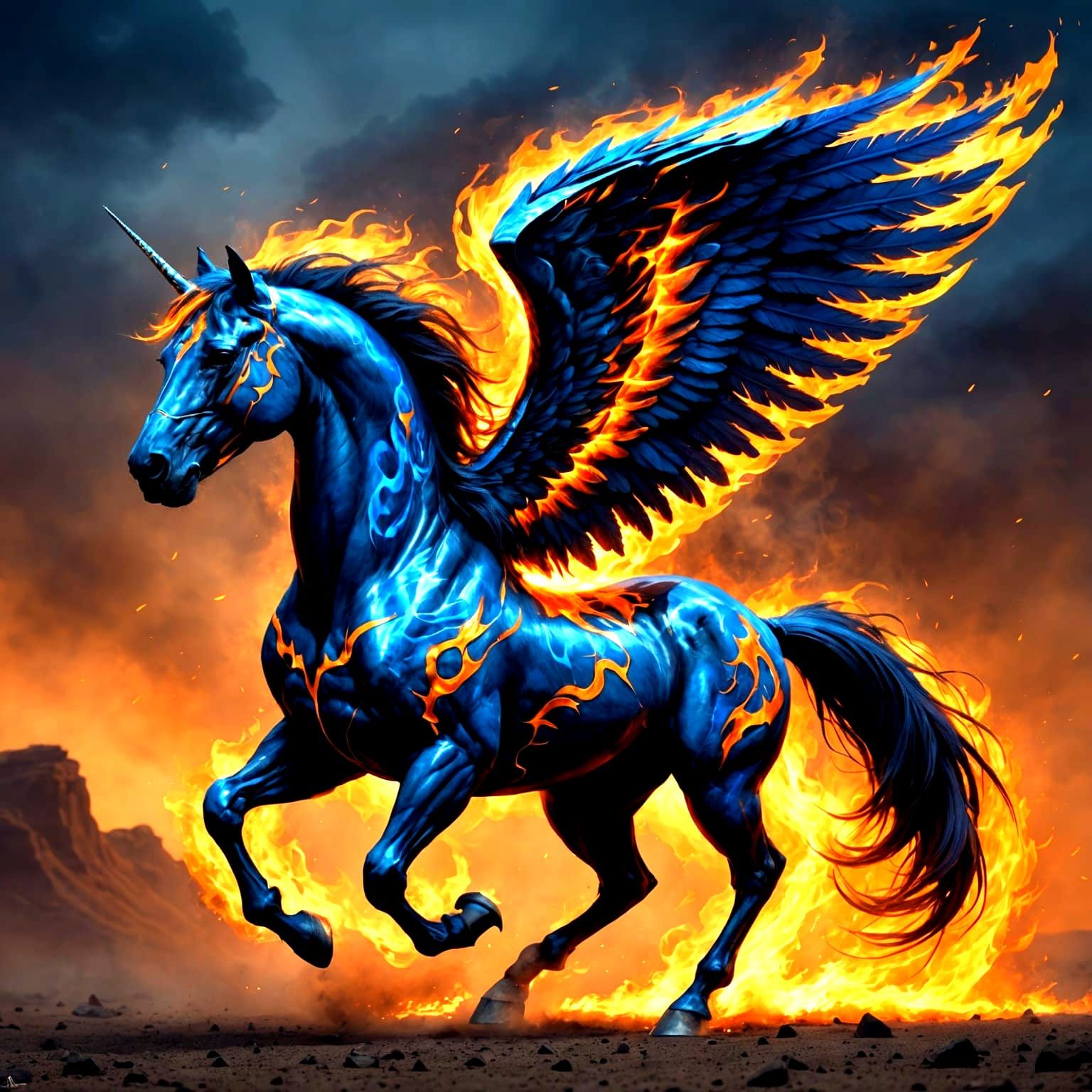 Winged Mustang with Blue and Orange Flames