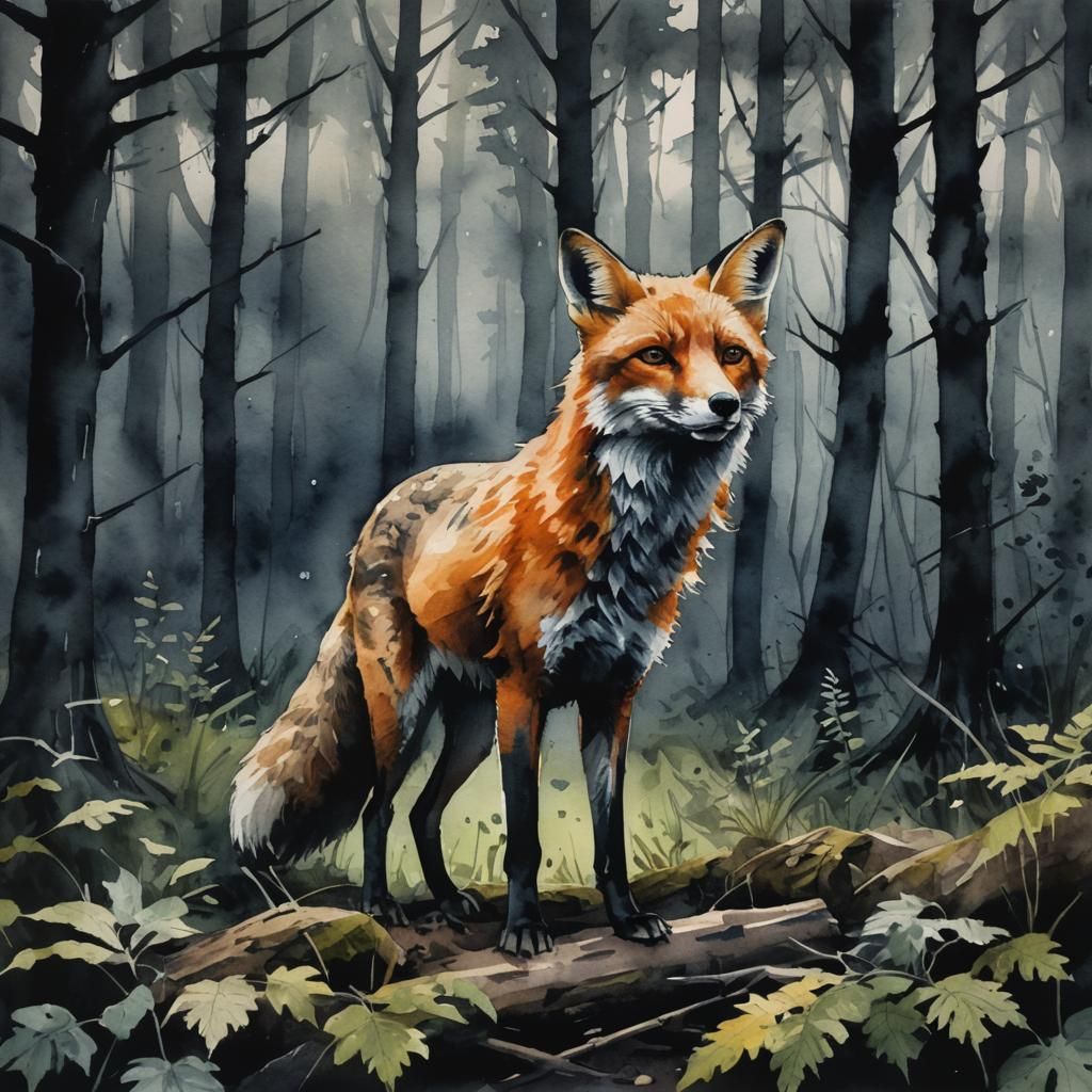 Watercolor Fox in Dark Forest, Sinister Style