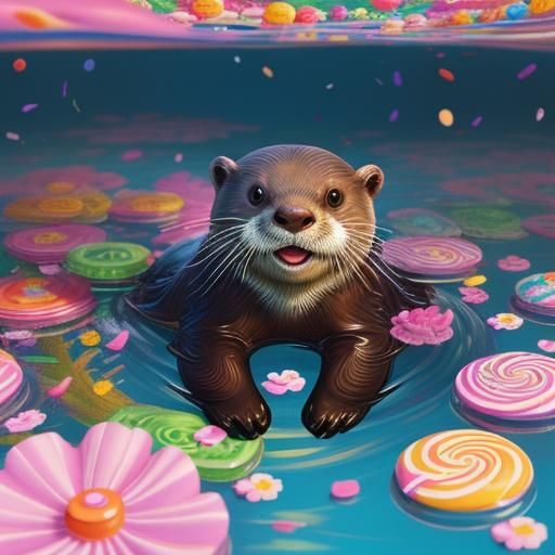 Playful Otter in River of Candy Flowers