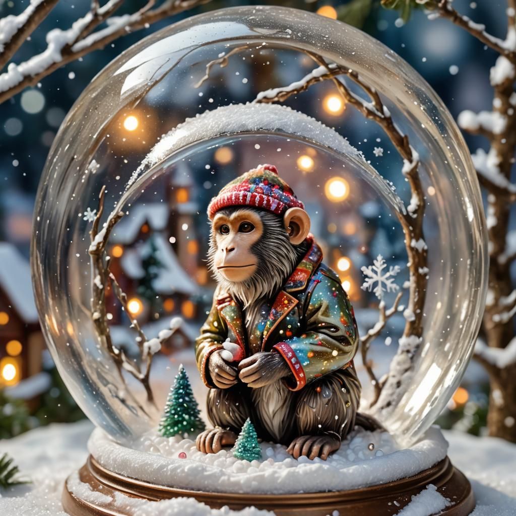 Monkey in Snow Globe Impressionist Oil Painting