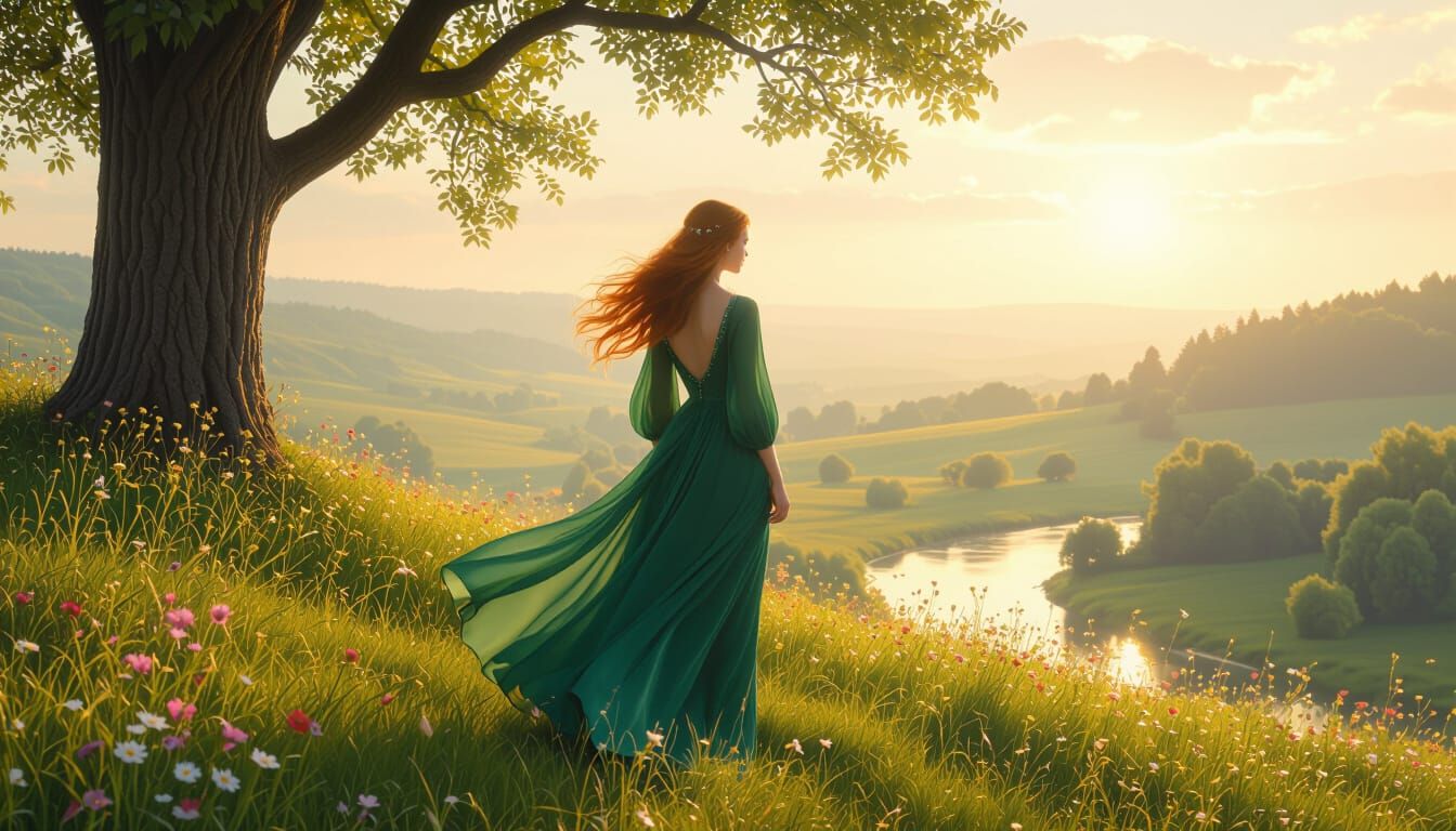 Woman in Green Dress Gazing at Landscape