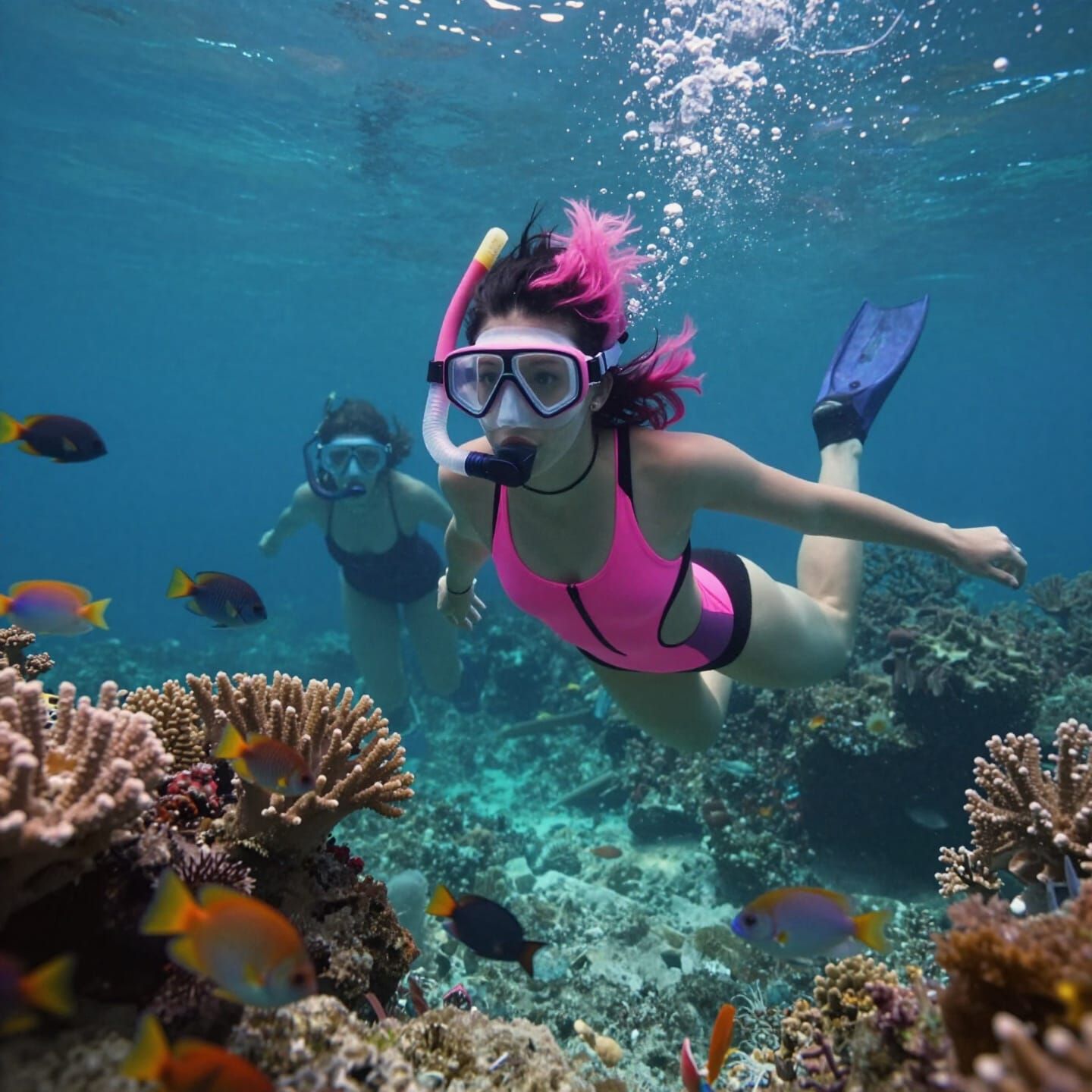 Punk Girl Snorkeling Vibrant Coral Reef in Cinematic Style