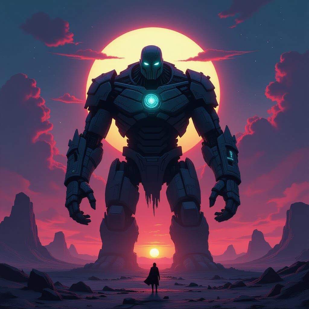 Ancient Obsidian Golem Guards Alien World Under Binary Sunse...