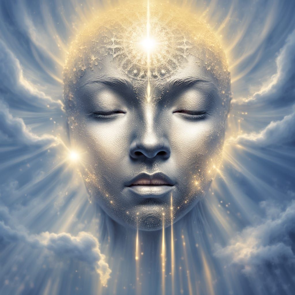 Divine Face Formed by Liquid Mercury in Ethereal Sunshine