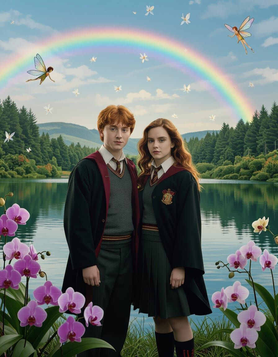 Ron and Hermione in Surreal Lakeside Scene