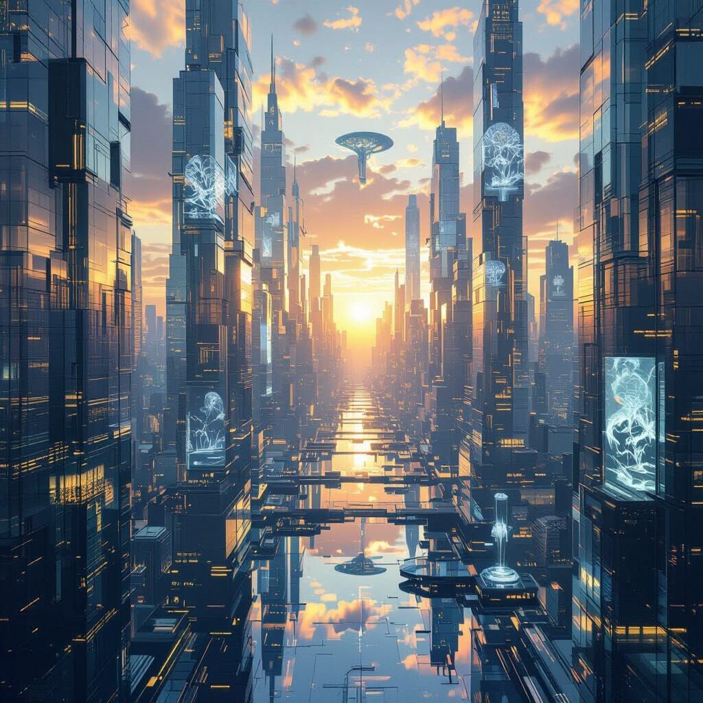 Futuristic Glass Metropolis with Shifting Architecture and H...