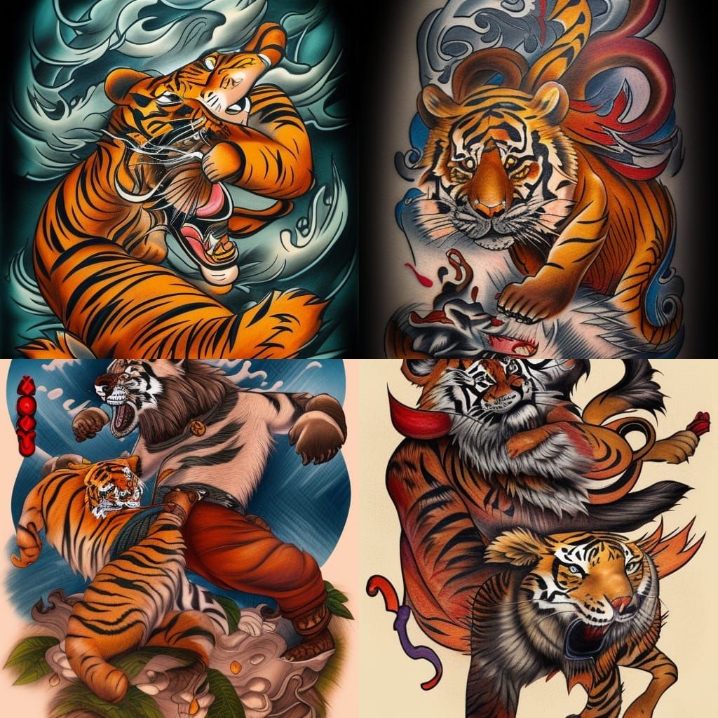 Tiger and Bear Tattoo in Sailor Jerry Style