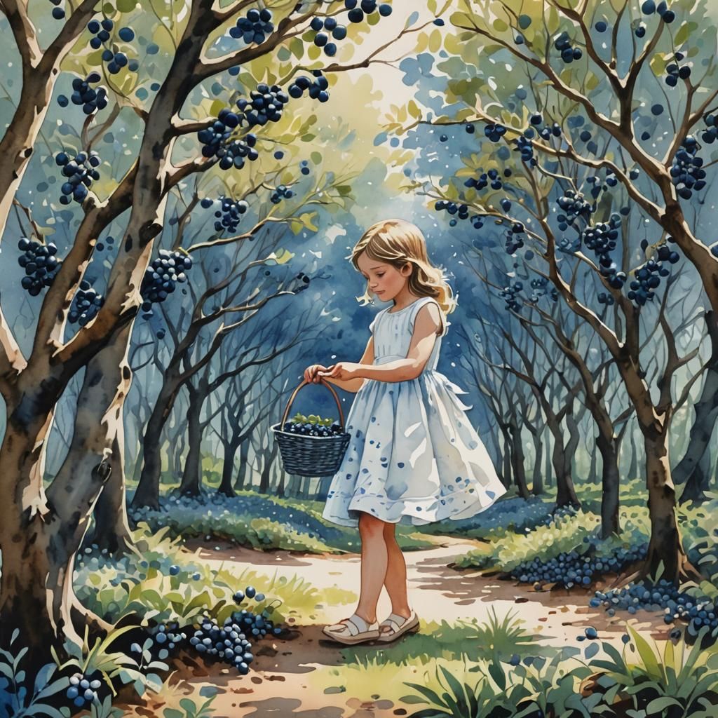 Girl Picking Blueberries: Pen, Ink, and Watercolor