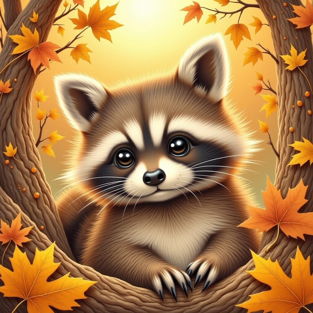 Charming Raccoon Kit in Autumnal Storybook Style