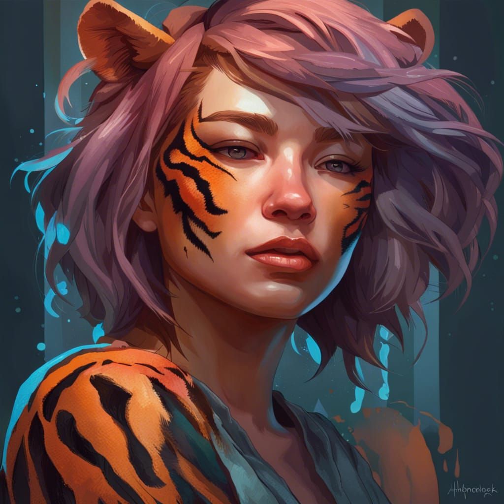 Girl with Tiger Hair, Detailed Digital Portrait