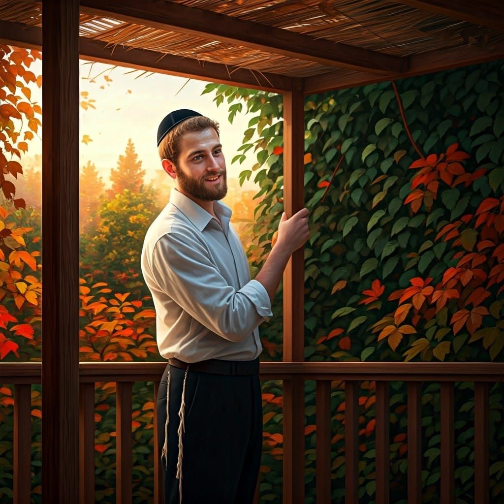 Young Man Builds Sukkot Sukkah in Photorealistic Style