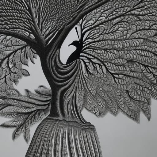 Hyperdetailed Charcoal Drawing of Peacock on Tree
