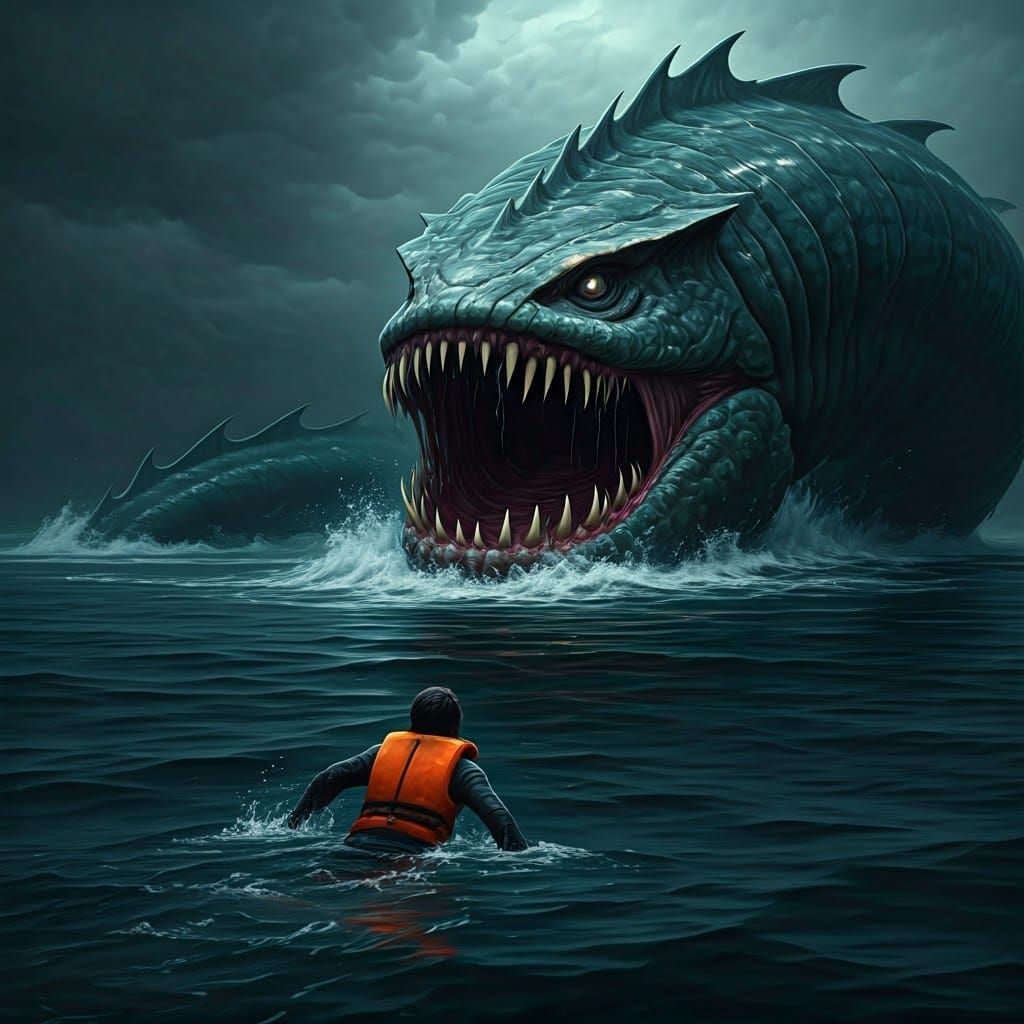 Gargantuan Sea Monster Chases Drowning Swimmer in Dark, Murk...