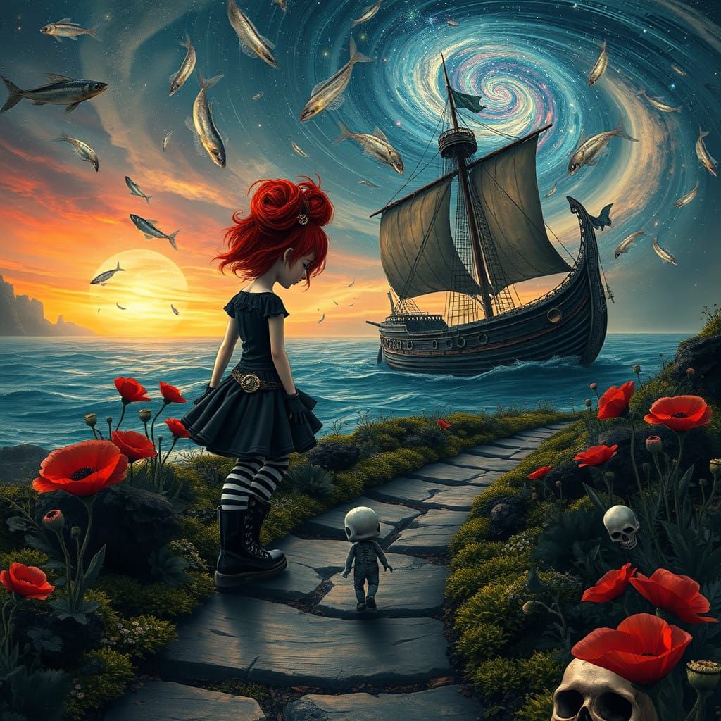 Ethereal Goth Pixie in Steampunk Seascape with Sardines and...