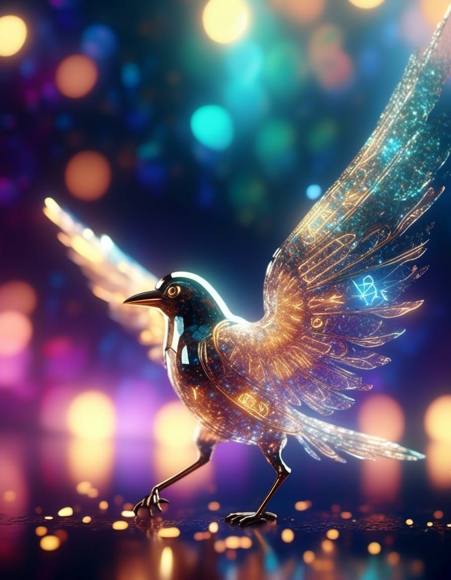 Glass Bird with Glowing Runes and Celtic Text