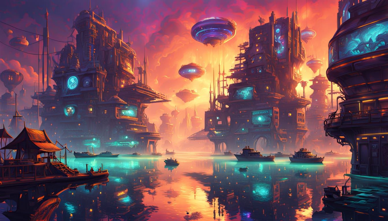 Futuristic Harbor at Golden Hour, Sci-Fi Art