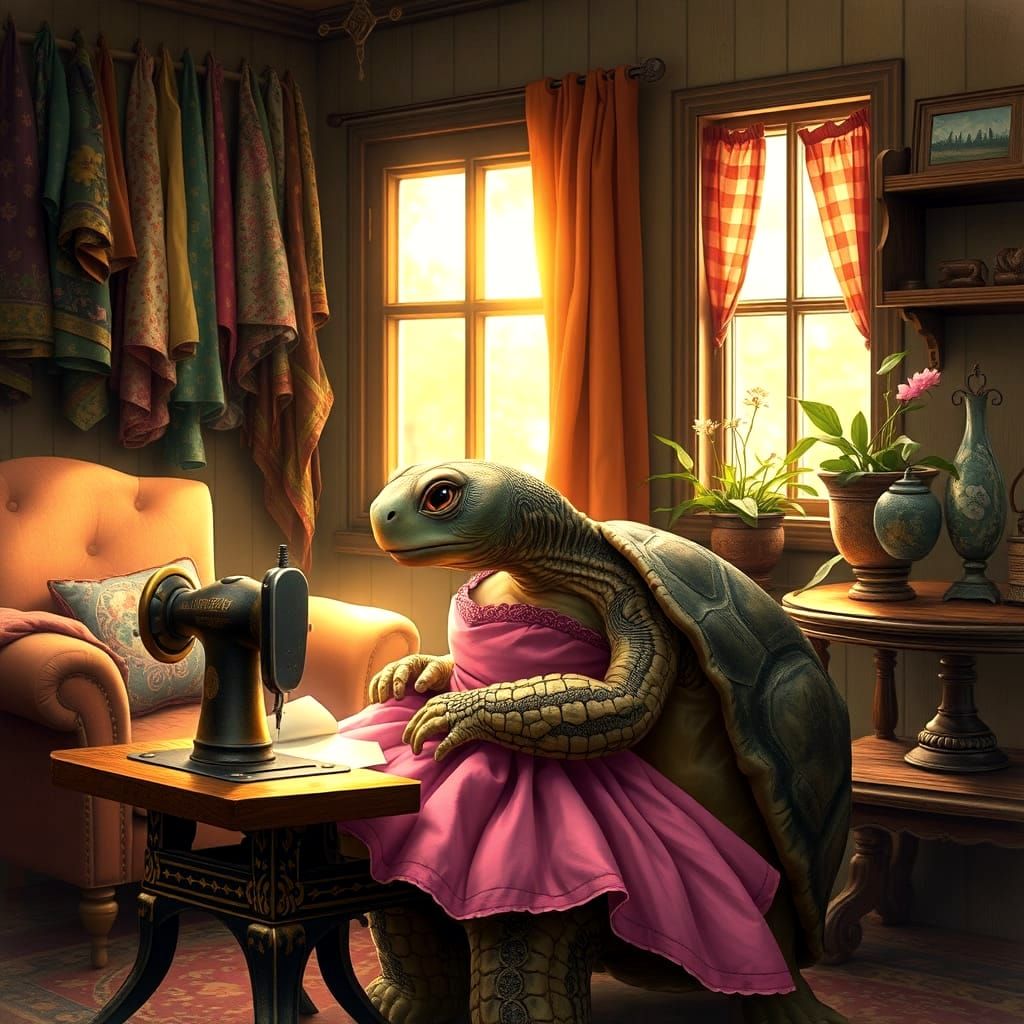 Whimsical Tortoise Seamstress in Vintage Workshop