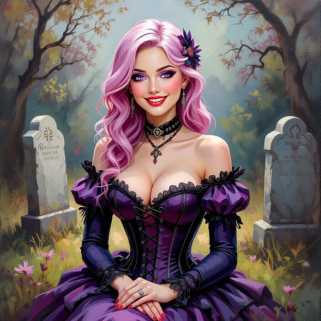 Gothic Beauty on Tombstone Oil Painting