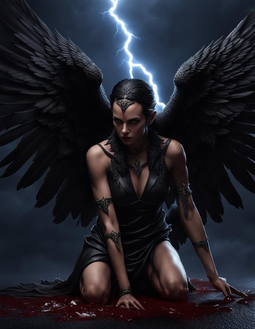 Fallen Harpy Woman in Lightning Storm