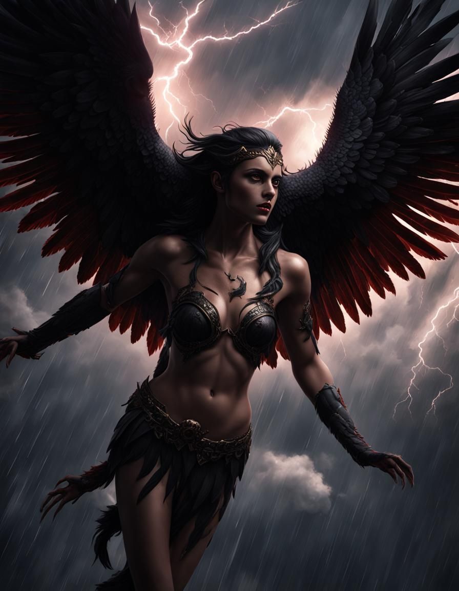 Fallen Harpy Woman in Lightning Storm