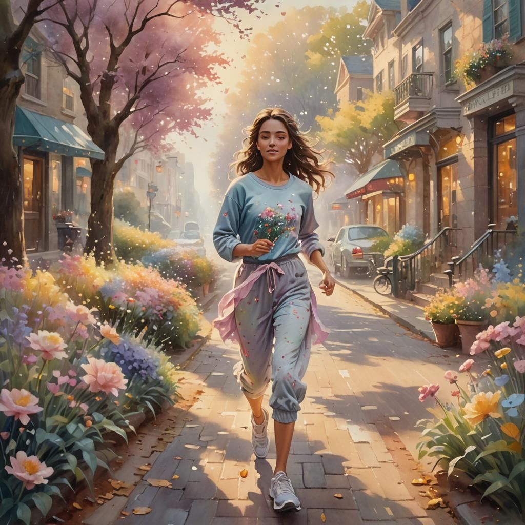 Girl's Heartfelt Jog in Watercolor Fantasy Style