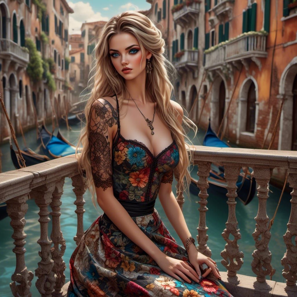 Beautiful Woman Overlooking Venice as Digital Art