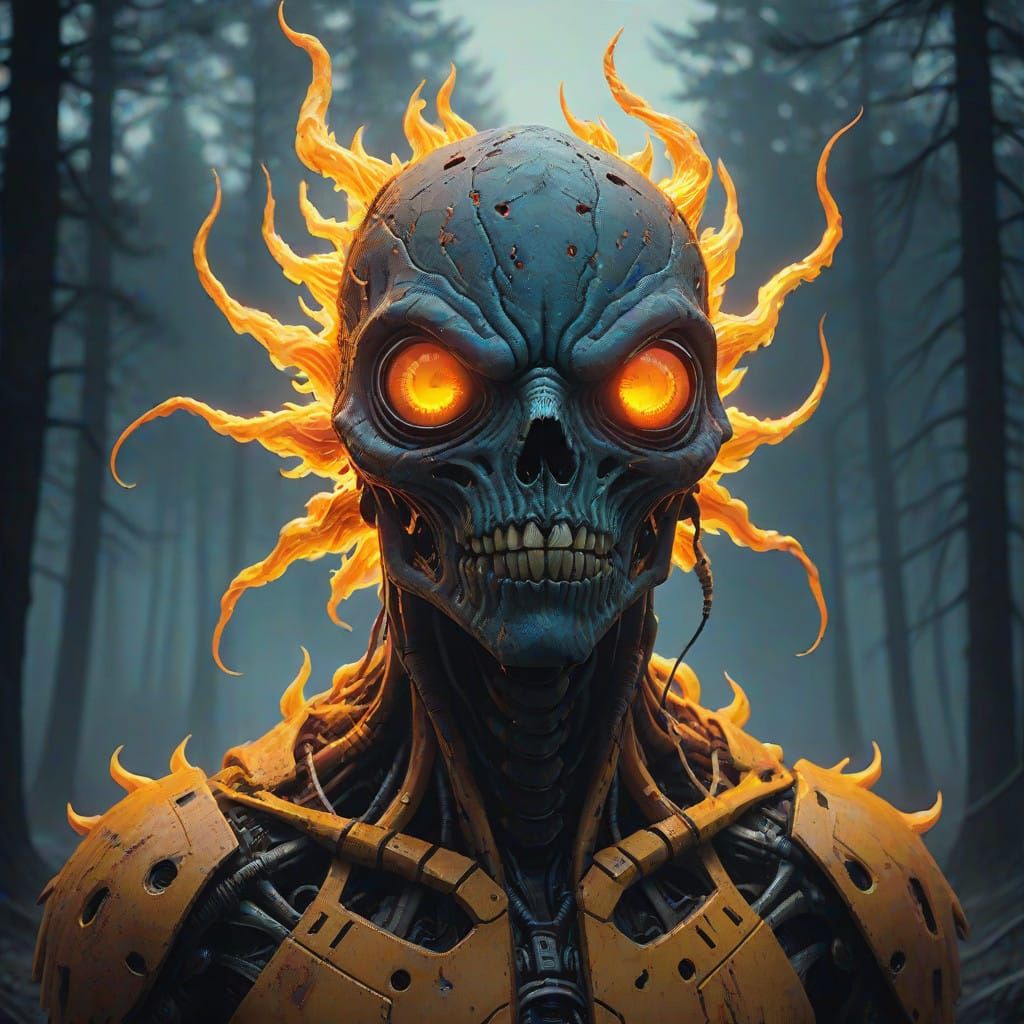 A breathtaking, high-contrast, cinematic photograph of a majestic, fiery being, "Inferno," with the textured, organic ap...