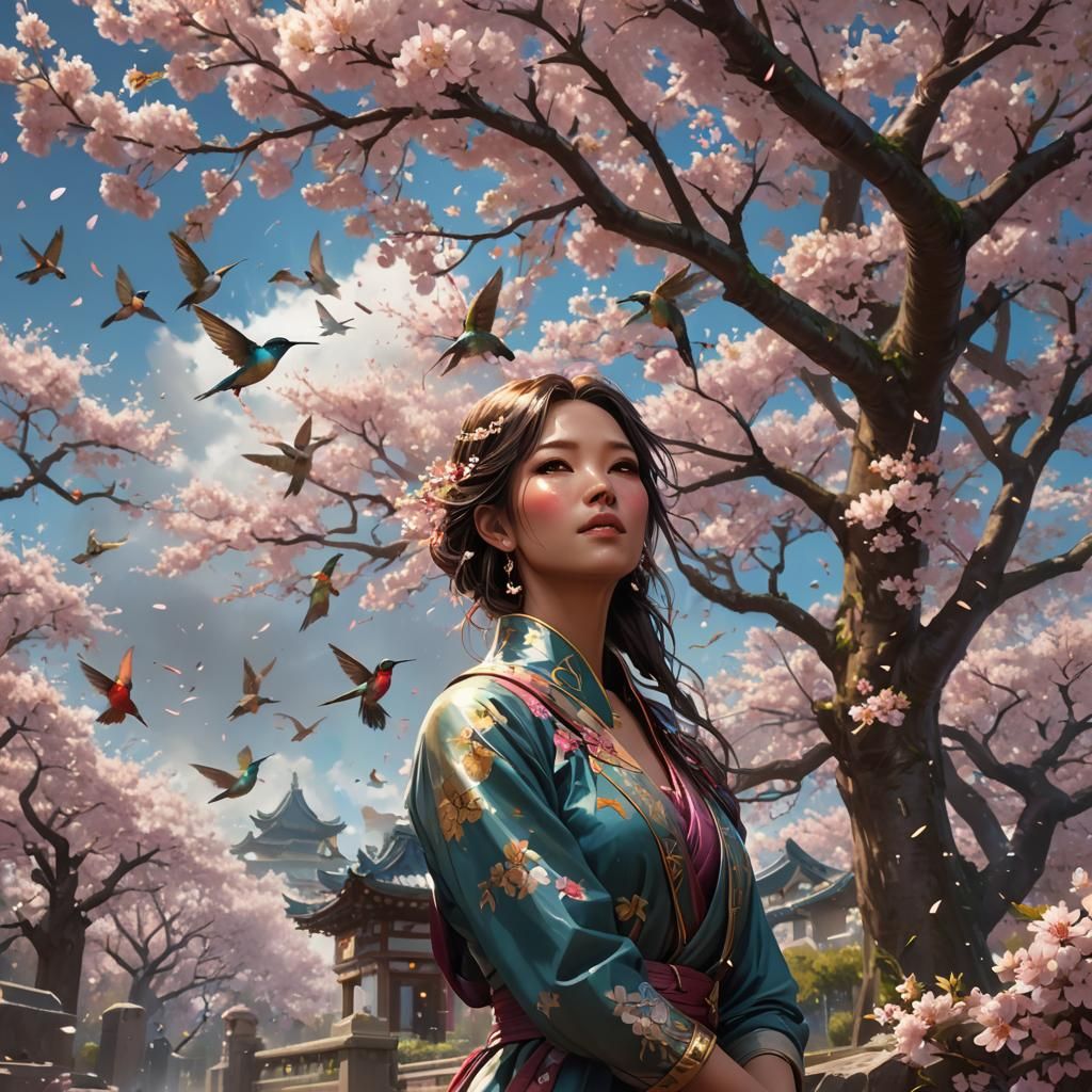 Cherry Blossom Entrance with Hummingbirds, Hyperdetailed Art