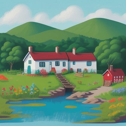 Whimsical Folk Art Cottage Beside a Cheerful Lake