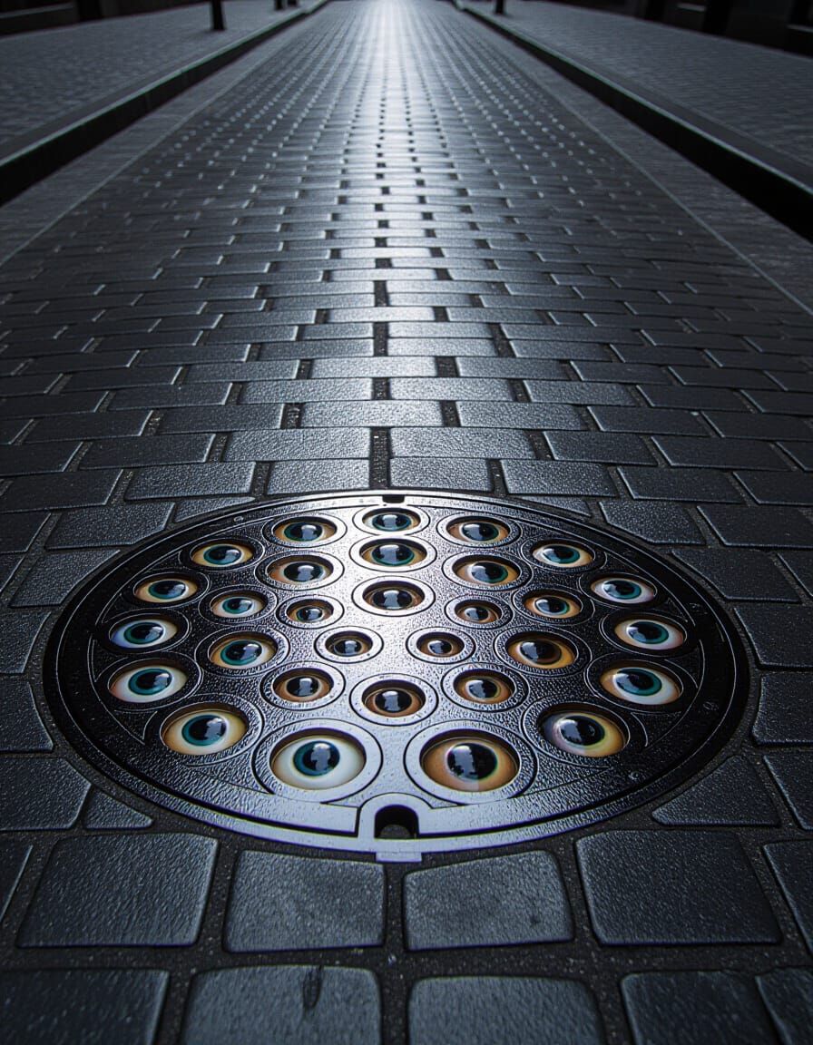 Eerie Eyeball Manhole Cover on Cobblestone Street
