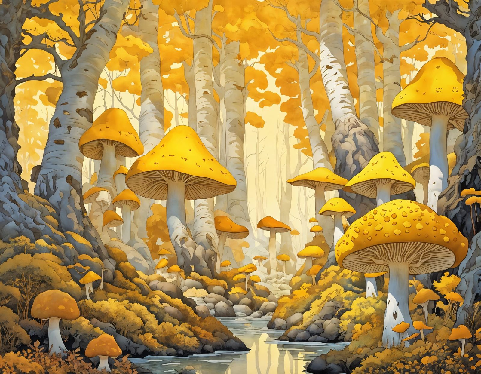 Whimsical Golden Birch Forest in Kirigami Style