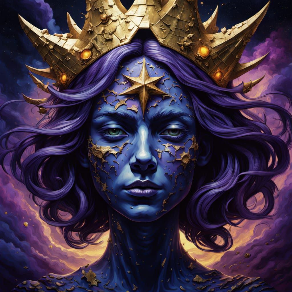 Pixel Witch Head Disintegrates into Cosmic Galaxy Oil Painti...