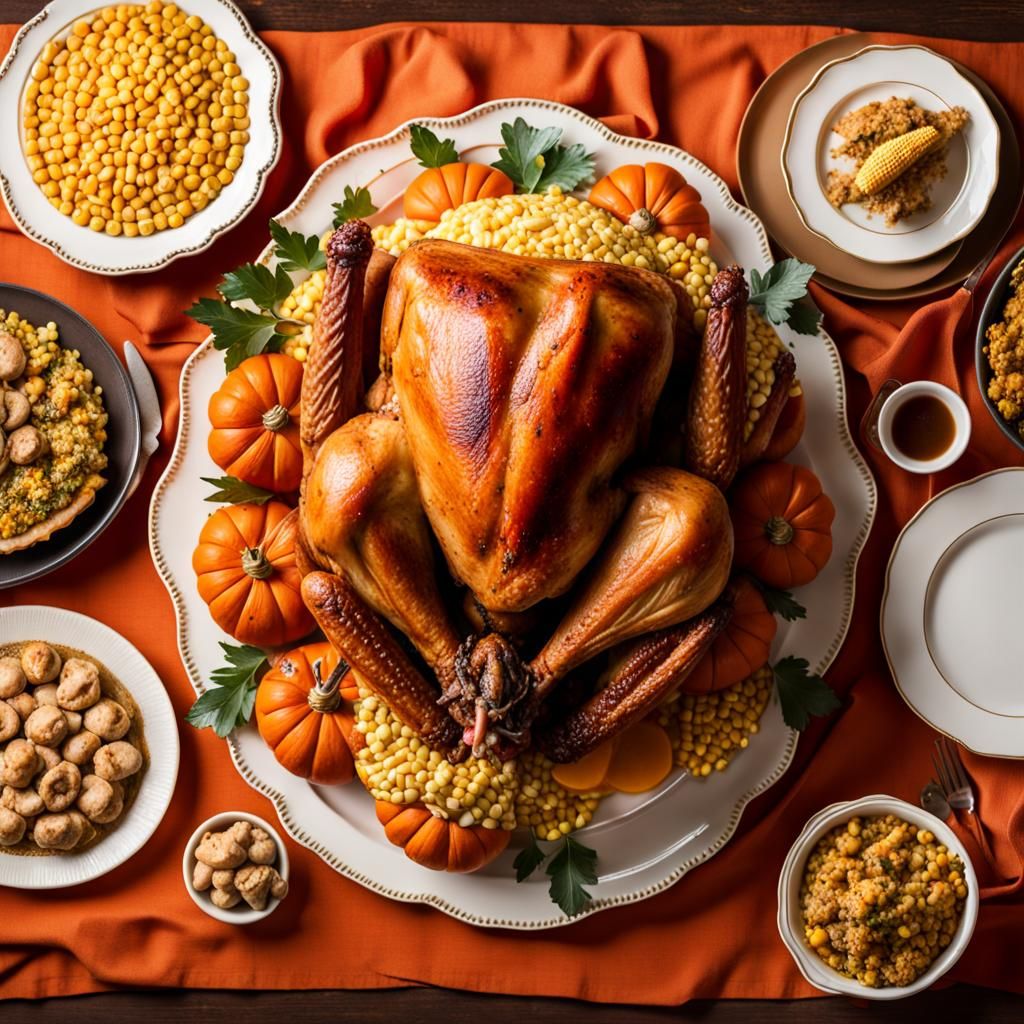 Thanksgiving Turkey Feast on Orange Tablecloth