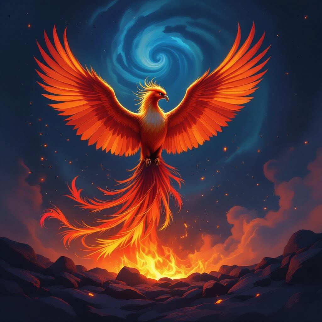 Majestic Phoenix Rising from Embers in Cosmic Vortex