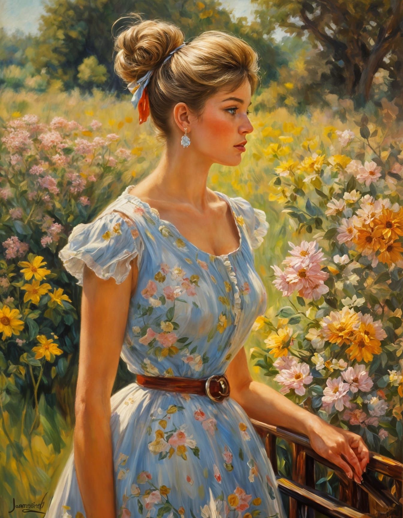 French Woman in Floral Dress: Impressionistic Oil Painting