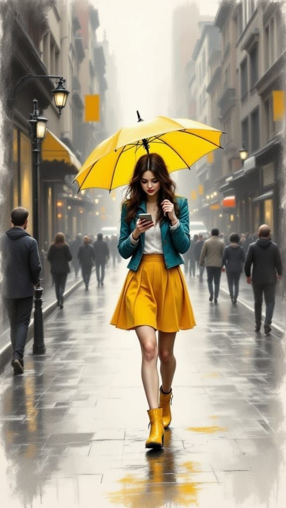 Vibrant Yellow Umbrella Shines in Gray City Streets