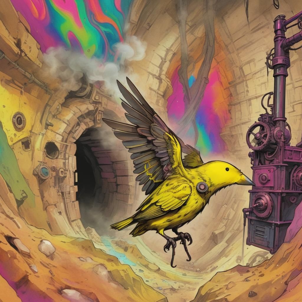 Steampunk Canary in a Lethal Mine Shaft Scene