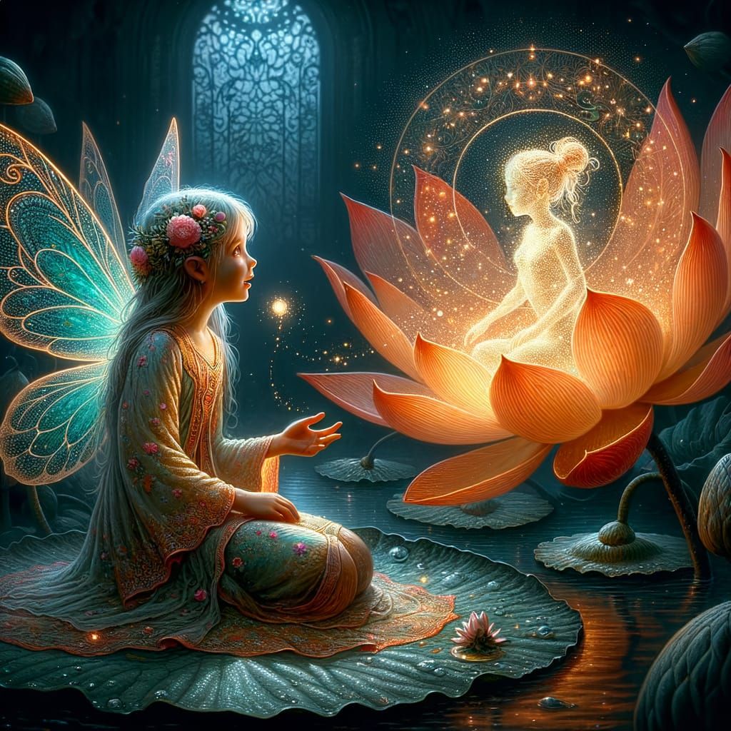 Vintage Fairy Engaged in Whispers with Glowing Spirit within...