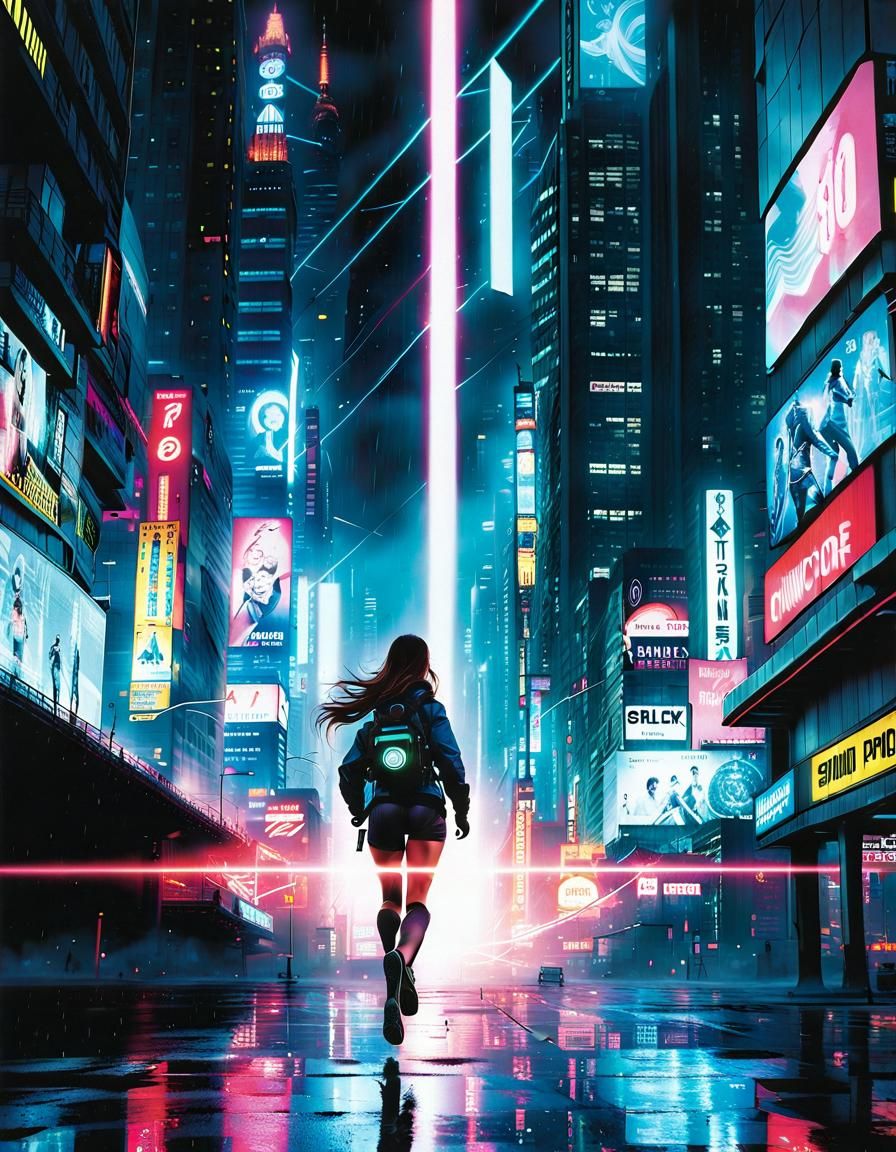 Sci-Fi Protagonist Runs in Rainy Cyberpunk City