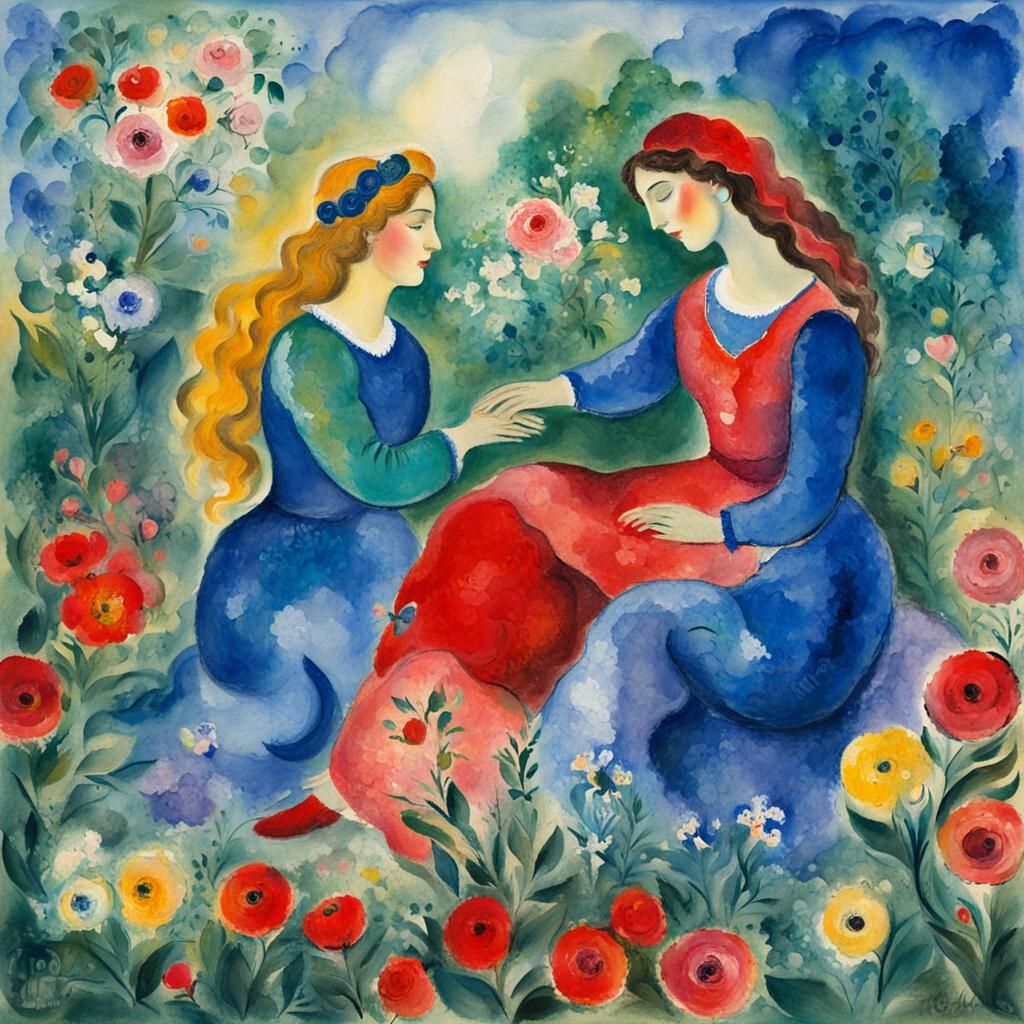 Two Women in Love: Gouache Impressionist Painting