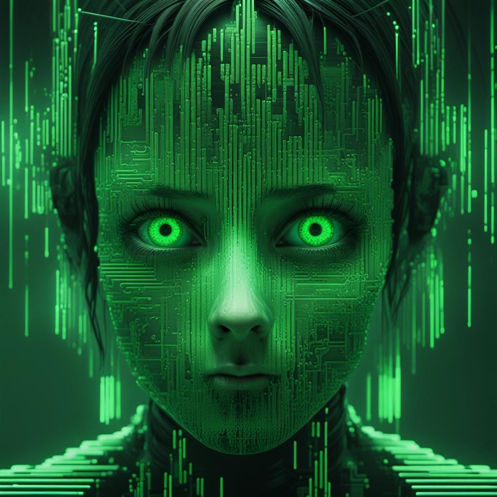 Robotic Chaos with Glitch FX in Green Hues