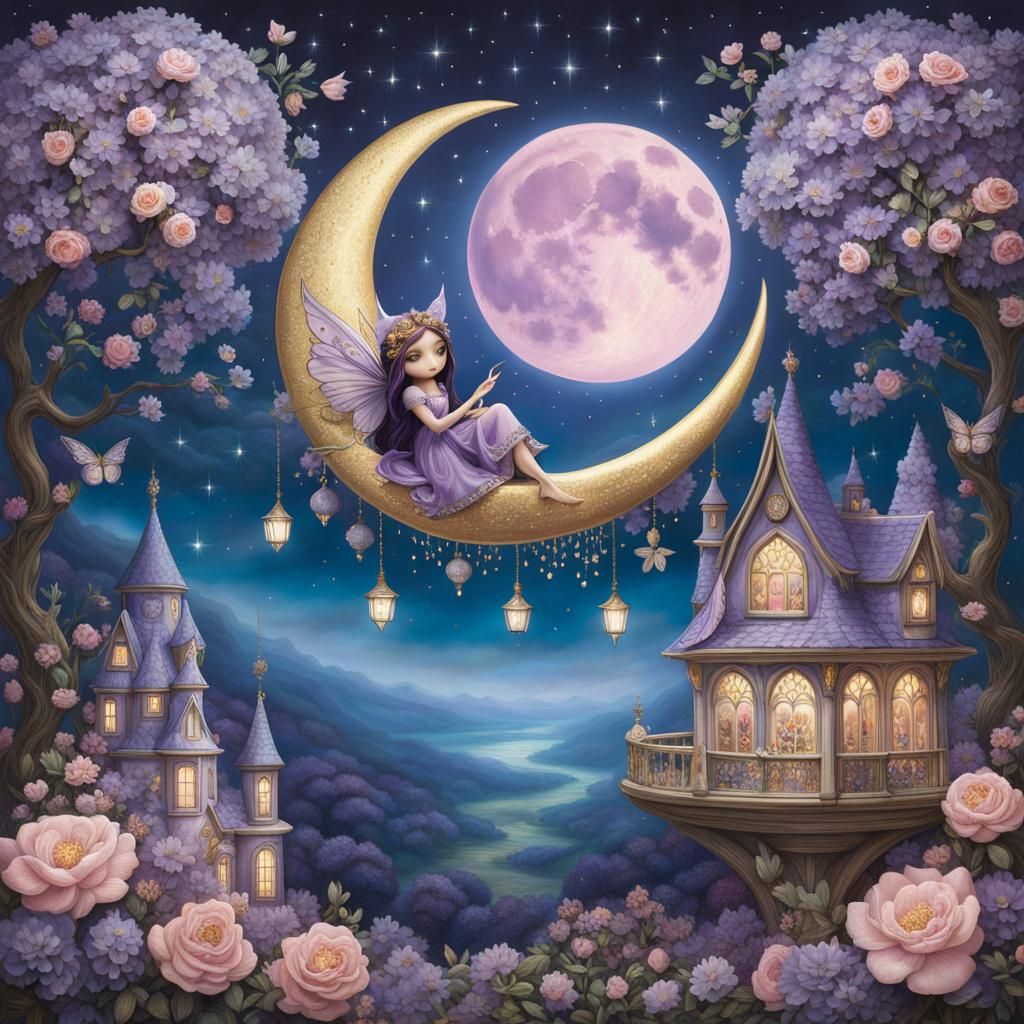 Fairy on Crescent Moon with Floral Accents